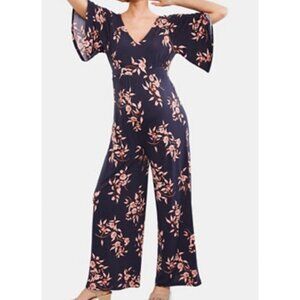 Motherhood Maternity Women's Size Large Navy Floral V-Neck Short Sleeve Jumpsuit